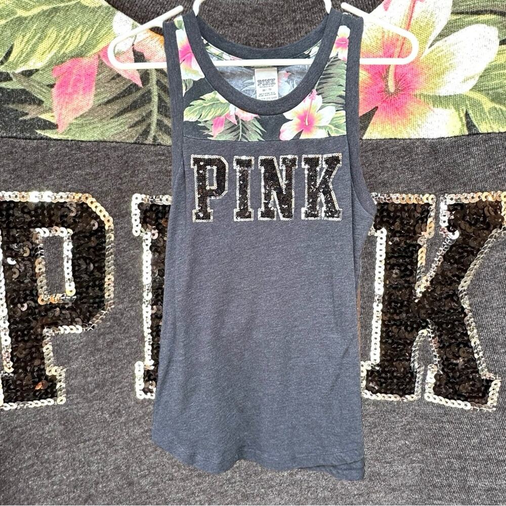 PINK Victoria's Secret Charcoal Gray Racerback Tank with Floral Trim